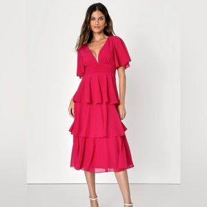 LULU'S M Ways of the Heart magenta Flutter Sleeve Tiered Midi Dress NEW